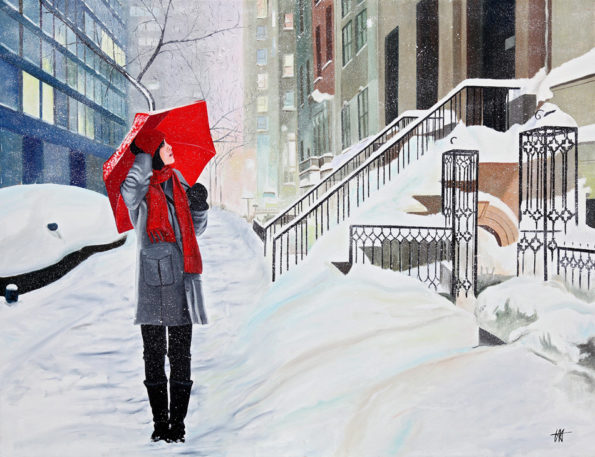 escalier, Femme, galerie venturini, JJV, neige, parapluie rouge