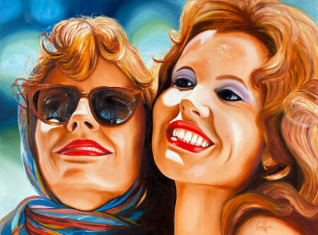 Thelma et Louise huile sur toile de lin, Scènes mythiques Cinéma, avec Geena Davis et Susan Sarandon, créé par Jean-Jacques Venturini, artiste peintre à Antibes, French Riviera